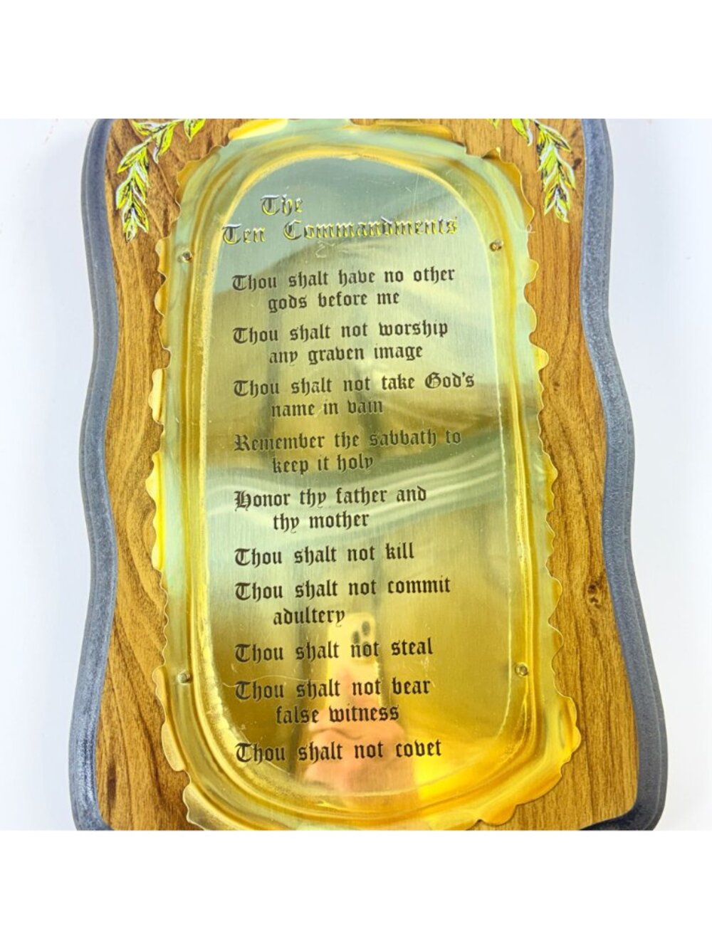 Vintage Ten Commandments Brass And Wood Wall Plaque Religious Decor 18" X 10.5"